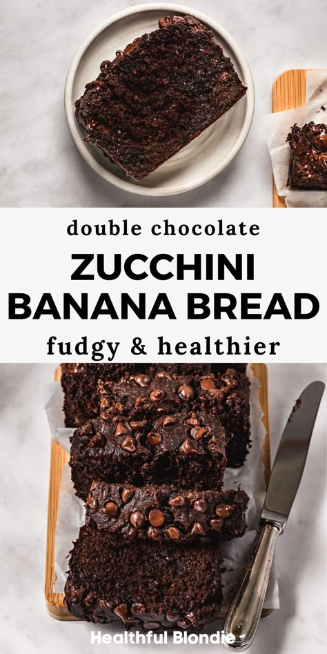 This super fudgy double chocolate zucchini bread recipe with banana is healthy, naturally sweetened with maple syrup, and made with both oat flour and whole wheat flour. It's an easy chocolate bread that's kid-friendly, nutritious, and tastes like a fudgy brownie! Zucchini And Banana Recipes, Chocolate Zucchini Bread Healthy, Healthy Chocolate Bread, Banana Zuchini Baking Recipes, Oat Flour Zucchini Bread, Healthy Loaf Recipes, Chocolate Zucchini Banana Bread, Banana Recipes Healthy, Easy Chocolate Bread