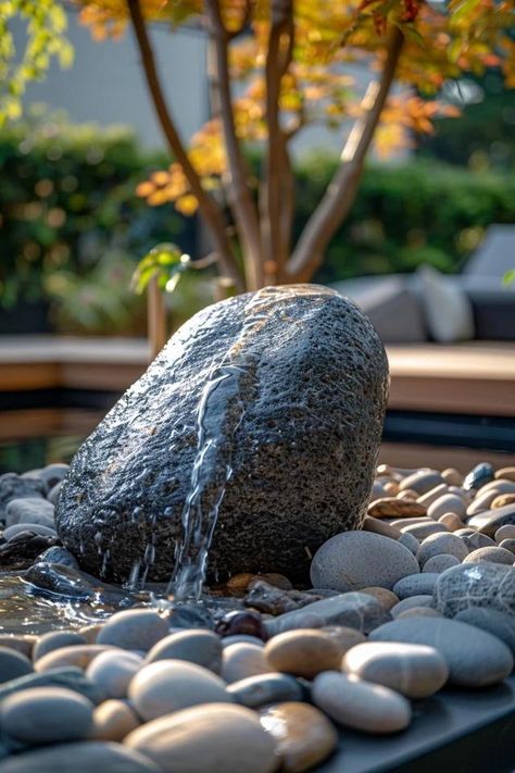 River Rock Fountain Ideas for Tranquil Gardens River Garden Ideas, Outdoor Fountain Ideas Landscaping, Rock Fountains Outdoor, Rock Fountain Ideas, Tree Stump Fountain, Bubbling Rock Fountain, Rock Bird Bath, Backyard Fountain Ideas, Front Yard Xeriscape