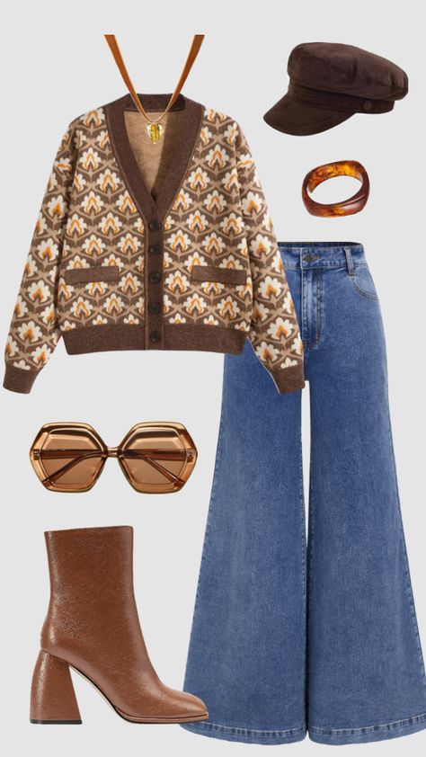 70s hippie inspired outfit #outfitinspo #vintage #retro #70s #70sfashion Vintage Outfits Aesthetic 80s, 70s Fashion Polyvore, 70s Revival Fashion, 70s Soft Rock Aesthetic, 70s Winter Style, Late 70s Outfits, Womens 70s Outfits, 1973 Fashion Women, Old Money 70s Outfits