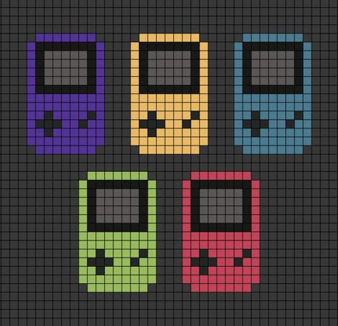 A pixel art, or perler beads template of all 5 Game Boy Colour systems, in the colours of grape (purple), dandelion (yellow), teal (cyan), kiwi (green) and berry (pink).

Works with perler beads. Pixel Art Grid Video Games, Pixel Art Background Easy, Perler Bead Patterns Nintendo, 8bit Art Pixel, Phone Pixel Art, Console Pixel Art, Gameboy Pixel Art, Nintendo Cross Stitch, Nintendo Pixel Art