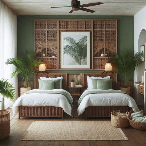 Japandi Rattan Interior, Small Tropical Bedroom, Bedroom Ideas Tropical Style, Modern Resort Interior Design, Boutique Hotel Bedroom Ideas, Beautiful Hotel Rooms Interiors, Tropical Coastal Interior, Tropical British Colonial Bedroom, Tropical Hostel