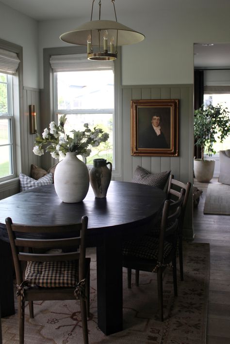 Dining Room Vertical Shiplap, Etheral Mood Sherwin, Vertical Shiplap Dining Room, Sherwin Williams Ethereal Mood, Ethereal Mood Sherwin Williams, Vertical Shiplap Kitchen, Cozy Warm Kitchen, Black White Staircase, Small Living Room With Dining Area