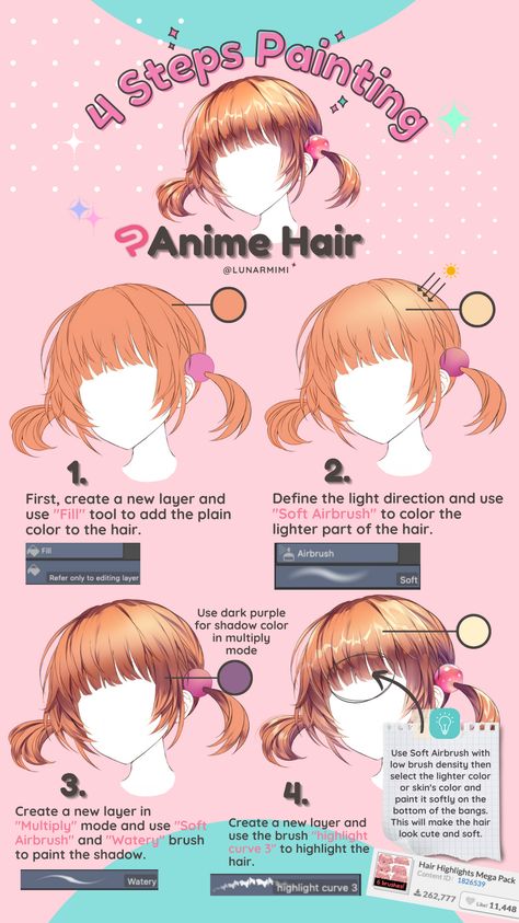 How To Colour Anime Hair, How To Draw Semi Realistic Hair, Anime Hair Guide, How To Paint Anime Hair, How To Draw Highlights In Hair, Anime Hair Coloring, Anime Hair Rendering, Anime Hair Highlights Tutorial, Hair Clip Drawing Reference