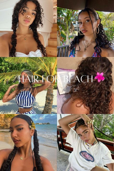 Beach Hairstyles For Curly Hair Black, Curly Hairstyles For Summer Camp, Cute Curly Hairstyles Summer, Curly Girl Summer Hairstyles, Vacation Curly Hair, Mexico Vacation Hairstyles, Curly Hairstyles For Pool Party, Beach Day Hairstyles For Curly Hair, Pool Hair Ideas Hairstyles Curly