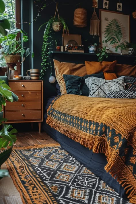 Green Maximalist Bedroom, Dark Sage Green Bedroom, Green Bohemian Bedroom, Green And Terracotta Bedroom, Masculine Boho Bedroom, Terracotta Bedroom Ideas, Masculine Boho, Dark Bedroom Decor, Maximalist Bedroom Ideas