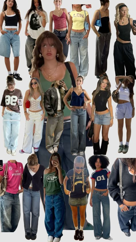 Swag Fall Outfits, 2000s Fashion Curvy, College Freshman Outfits, Collage Outfits Casual Summer, 90s Fashion Collage, Messy Style Outfit, Celebrity Outfits Spirit Week, Style Button Down Shirt Women, 90’s Inspired Outfits