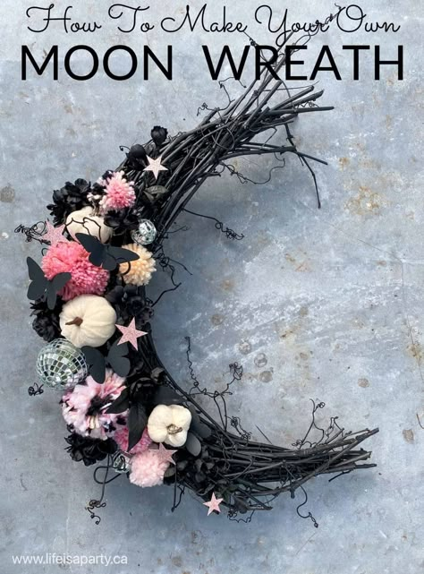 Moon Wreath: DIY crescent moon wreath, how to make your own grape vine moon shaped wreath base and decorate. Moon Wreath Diy, Diy Crescent Moon, Moon Wreaths, Crescent Moon Wreath, Chocolate Concrete, Moon Wreath, Casa Halloween, Halloween Decor Diy, Diy Halloween Wreath