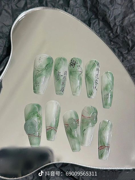 Cny Nails, Asian Nail Art, Jade Nails, Makeup Nails Designs, Purple Nail Art, Green Nail Art, Asian Nails, Long Nail Designs, Stylish Nails Designs