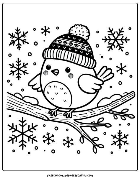 a bird wearing a beanie sitting on a snowy branch Winter Animal Coloring Pages Free Printables, Winter Color Sheets Free, Animals In Winter Art, Free January Coloring Pages, Winter Animals Coloring Pages, Cute Winter Coloring Pages, Winter Coloring Sheets Free Printable, Free Kids Coloring Pages Printables, Winter Colouring Pages For Kids