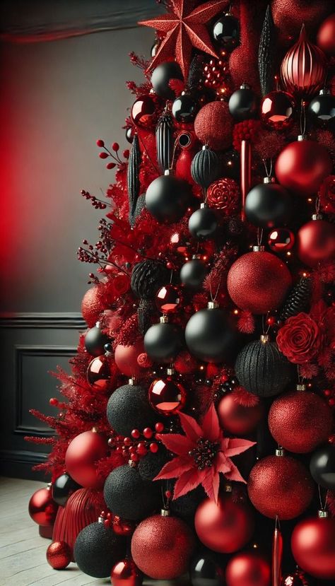 Christmas Tree Ideas For Black Trees, Black And Gray Christmas Decor, Christmas Tree With Black And Red Ornaments, Dark Holiday Decor, Red And Black Xmas Tree, Black Tree Red Ornaments, Black Red Gold Christmas Decor, Black White Gold Red Christmas Tree, Red Gold Black Christmas Decor