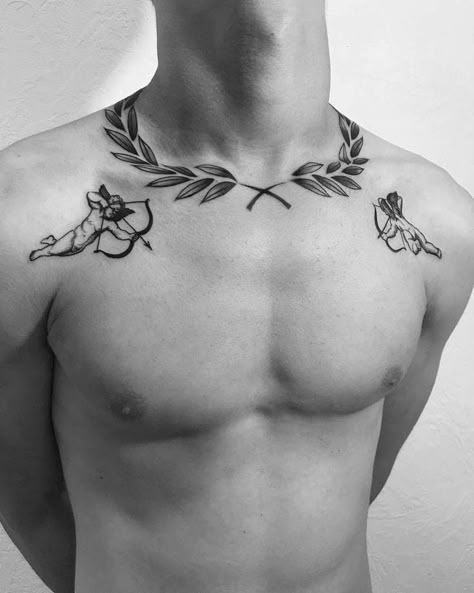 Roman Leaves Tattoo Men, Laurel Wreath Neck Tattoo, Greek Filler Tattoo Ideas Gap, Greek Leaves Tattoo Neck, Roman Leaves Tattoo, Olive Wreath Tattoo, Olive Branch Tattoo Mens, Collarbone Tattoo Men, Laurel Tattoo