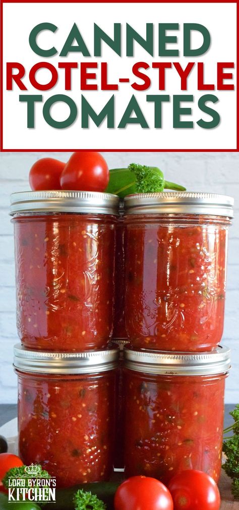 Canning Oven Roasted Tomatoes, Canning Fire Roasted Tomatoes Recipe, Home Canned Rotel, What To Can With Fresh Tomatoes, Bottled Tomatoes Canning Recipes, Canning Tomatoes And Green Chilis, Canning Tomatoes And Peppers, Tomatoe Canning Ideas, Recipes To Can Tomatoes