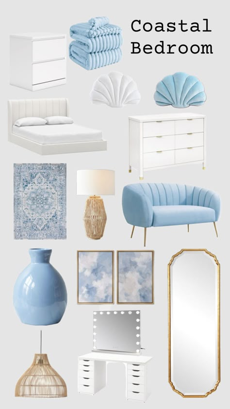 Cute Coastal Bedroom! Cute Room Ideas Aesthetic Light Blue, Bedroom Inspirations Costal, Blue And White Beach Bedroom, White And Blue Coastal Bedroom, Costal Granddaughter Decor, Beachy Aesthetic Room Decor, Coastal Summer Bedroom, Bedroom Coastal Granddaughter, Cute Coastal Bedroom