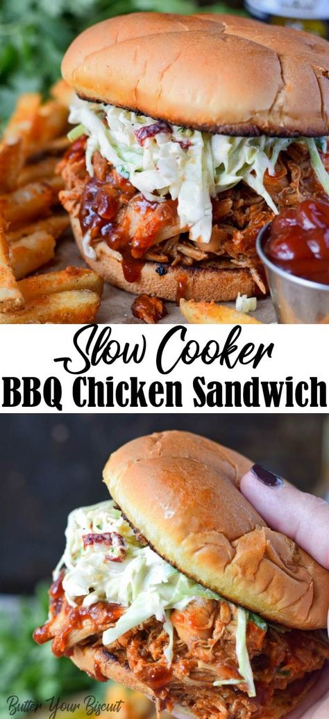 slow cooker bbq chicken sandwich Crockpot Queso, Bbq Chicken Sandwich Recipes, Queso Chicken, Grill Sandwich, Chicken Food Recipes, Bbq Chicken Sandwich, Slow Cooker Bbq Chicken, Summer Sandwiches, Bbq Sandwich