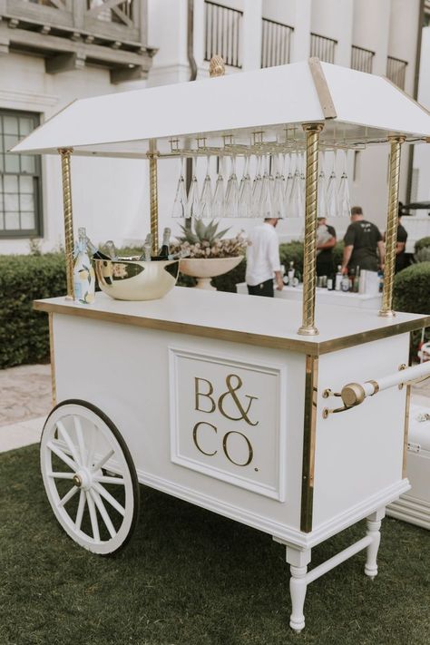 Party Food Cart Design Ideas, Champagne Bar Cart Wedding, Snack Bar Cart Party, Champagne Cart Mimosa Bar, Diy Party Cart With Wheels, Cocktail Cart Wedding, Bar Cart For Events, Bar Cart Business, Diy Champagne Cart