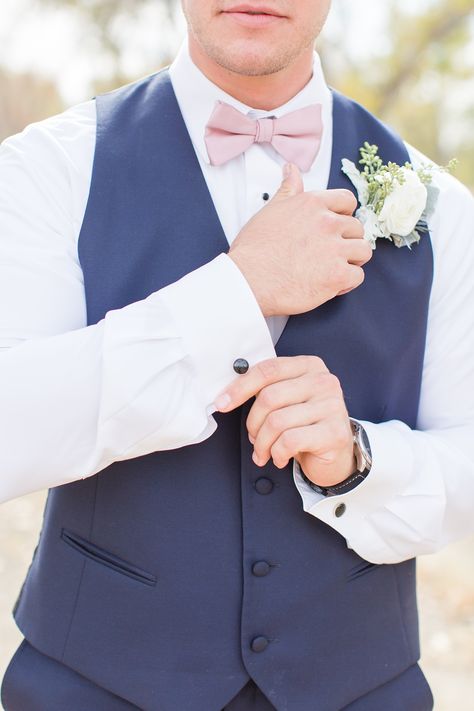 Wyoming Wedding | Dusty Rose & Navy Blue | Groom Photos | Groom in Navy | Vest and Bowtie | Pink Bowtie Navy And Pink Groomsmen, Navy Blue Vest Groomsmen, Groomsmen Attire Navy, Navy Blue Tux, Rustic Groomsmen Attire, Navy Blue Groomsmen, Wedding Dusty Rose, Navy Blue Groom, Page Boy Outfits