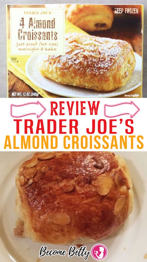 If you've picked up Trader Joe's 4 Almond Croissants you are in for a real treat. While the box doesn't look like much, inside this package is a treat worth the time it takes to make. Out of the oven and cooled, these are crisp on the outside yet tender in the middle. The croissant itself is pretty spot on. The croissant dough is pleasantly buttery in taste. The sliced almonds have no difficulty staying in place. | @becomebetty #traderjoesreviews #traderjoesbakedgoods #traderjoesfrozenfood Trader Joes Bread, Vegetarian Shopping List, Trader Joes Frozen Food, Trader Joes Vegetarian, Budget Shopping List, Trader Joe's Shopping List, Best Trader Joes Products, Vegan Shopping List, Trader Joes Shopping List