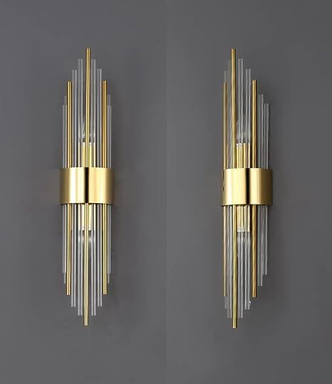 2-Light Modern Brushed Titanium Gold Wall Sconce with Clear Glass. Crystal Luxury Wall Light Fixtures for Bedroom, Living Room, Bathroom, Vanity Mirror or Hallway. Light Fixtures come with a Set of 2. Brand: SHAWNKEY Color: Gold Material: Stainless Steel Style: Modern Light fixture form: Sconce Luxury Wall Lights, Art Deco Wall Lights, Wall Lights Living Room, Wall Scones, Crystal Wall Lighting, Metal Wall Light, Modern Wall Lamp, Wall Sconces Bedroom, Sconces Bedroom