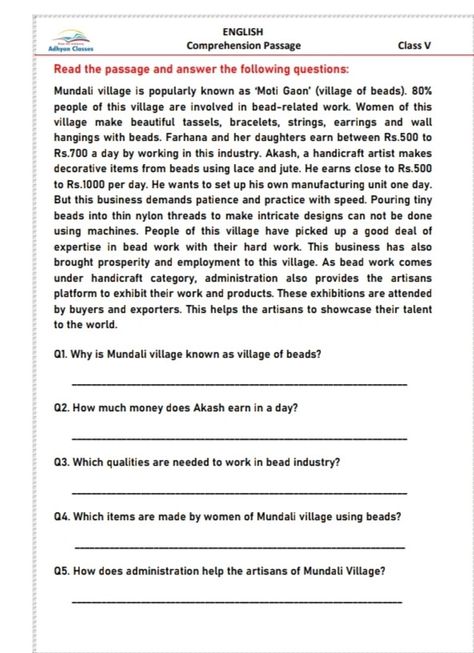 Comprehension Passage for grades 5 to 8. This passage describes a village which is famous for its bead work Comprehension For Grade 6 With Questions, Comprehension For Class 5 With Questions, Reading Comprehension Worksheets Grade 8, Comprehension For Grade 5 In English, Comprehension For Grade 7 With Questions, Comprehension Passage For Class 5, Comprehension Grade 5 Worksheet, Grade 5 Reading Comprehension Worksheets With Questions, Unseen Passage In English For Class 5