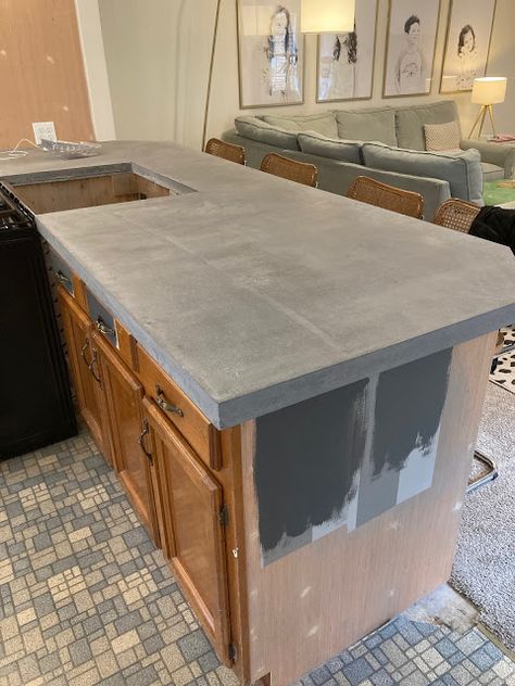 Custom Concrete Countertops, How To Seal Concrete Countertops, Concrete Countertops With Wood Cabinets, Refinish Concrete Countertops, Cement Bar Top, Concrete Kitchen Backsplash, Diy Cement Countertops, Cement Countertops Kitchen, Colored Concrete Countertops