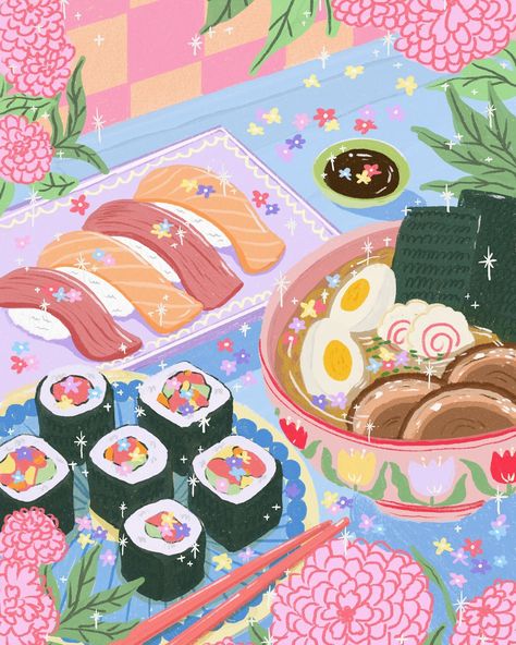 I’m really craving sushi 🍣 and ramen right now. April will still be all about the food series 👍🏻😏. And I‘ve gotten addicted to painting. What national cuisine should I paint next? 🤔🤔🤔 #illustration #illustrationartists #illustrator #illustragram #gouache #gouachepainting #gouacheart #foodpainting #fooddrawings #sushidrawings Gaming Illustration Design, Korea Food Illustration, Food Recipe Illustration, Fun Food Illustration, Digital Gouache Illustration, Noodle Illustration Design, Jello Illustration, Food Graphic Design Illustration, Sushi Drawing Easy