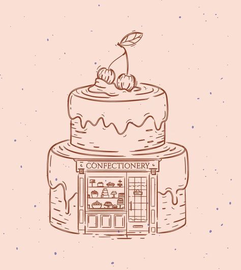 Cake a storefront of confectionery drawing in vintage style on peach color background Bakery Shop Drawing, Vintage Cake Drawing, Peach Color Background, Birthday Cake Illustration, Cake Drawing, Cake Illustration, Vector Brush, Background Background, Logo Banners