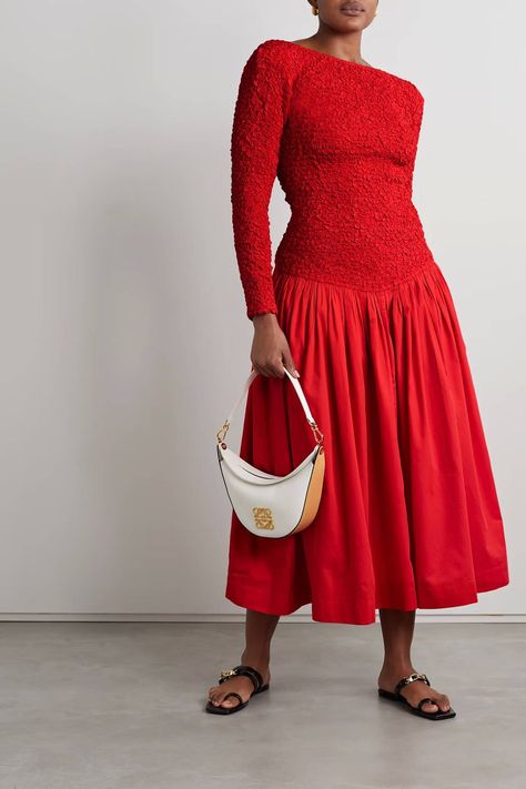 The Single Most Dominant Color Trend From Fashion Month | Who What Wear Red Midi Dress Outfit, Midi Dress Outfit, Poplin Skirt, Korean Outfit Street Styles, Designer Maxi Dress, Chic Streetwear, Stretchy Skirt, Red Midi, Layered Sweater