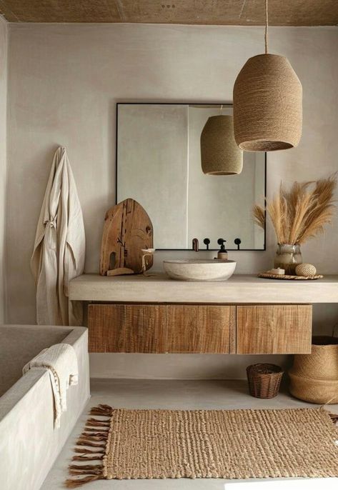 Airbnb Bathroom Ideas, Sandy Bathroom, Bali Bathroom, Sage Interior, Zen Bathroom Design, Bohemian Bathroom Decor, Boho Bathroom Ideas, Bohemian Bathroom, Boho Bathroom Decor