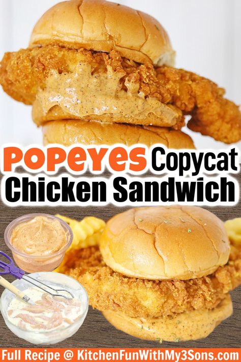 This copycat Popeyes Chicken Sandwich Recipe is so easy to make at home. Crispy and juicy fried chicken served on a brioche bun, then topped with spicy mayo and pickles. Diy Popeyes Chicken Sandwich, Spicy Chicken Sandwich Popeyes, Popeyes Chicken Sandwich Recipe Copycat, Hungry Howies Copycat, Popeyes Chicken Sandwich Sauce, Chicken Strip Sandwich Recipes, Deep Fried Chicken Sandwich, Kfc Chicken Sandwich Recipe, Fried Chicken Marinade Recipe