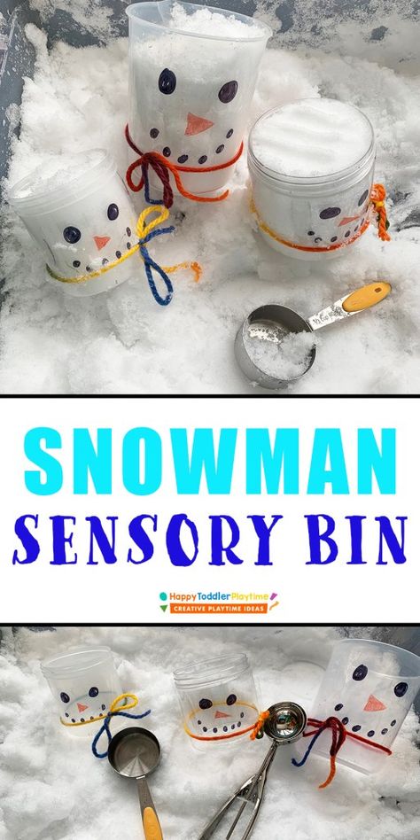 Snow Theme Preschool, Snowman Sensory Bin, Infant Activity Ideas, Sensory Bin Winter, Snowman Jars, Kids Winter Activities, Infant Activity, Winter Sensory Bin, Gingerbread Friends