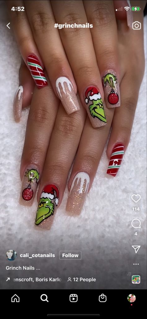 The Grinch Acrylic Nails, November Christmas Nails, Grinch Nails Acrylic Short, Winter Xmas Nails, Christmas Nail Grinch, Cute Christmas Nails Grinch, Christmas Nail Inspo Grinch, Grinch Xmas Nails, Christmas Nails 2023 Grinch