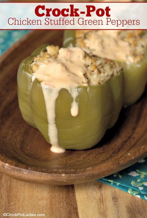 Crock-Pot Chicken Stuffed Green Peppers - Your'e going to love this healthy recipe for Crock-Pot Chicken Stuffed Green Peppers! Chicken and rice stuffed pepper with a lovely creamy lemon sauce. So good! [Gluten Free, Low Calorie, Low Fat, Low Sodium, Low Sugar  3 WW SP (Blue  Purple Plans) Or 4 WW SP (Green Plan)] #CrockPotLadies #CrockPot #SlowCooker #ChickenRecipes Creamy Lemon Sauce, Green Pepper Recipes, Stuffed Peppers With Rice, Chicken And Cheese, Pepper Recipes, Stuffed Pepper, Chicken Stuffed, Crock Pot Chicken, Green Peppers