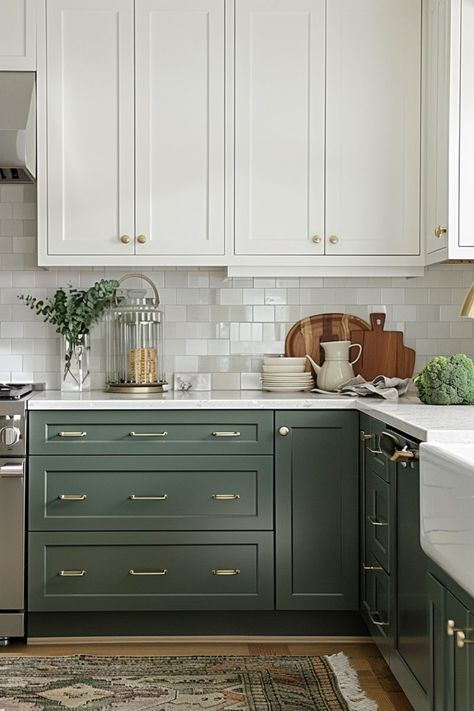 Color On Kitchen Cabinets, Dark Green Lowers White Uppers, Green Lower White Upper Cabinets, Different Color Lower Cabinets, Bm Caldwell Green Cabinets, White Upper Cabinets Colored Lower, White And Sage Cabinets, Green Cabinets Bottom White Top, Hazel Kitchen Cabinets