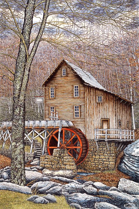 Grist Mill Painting - Glade Creek Grist Mill 3 by Thelma Winter Mill Painting, Glade Creek Grist Mill, Art Christmas Cards, Bales Of Hay, Windmill Water, Water Wheels, 3 Canvas Art, Barn Pictures, Wagon Wheels