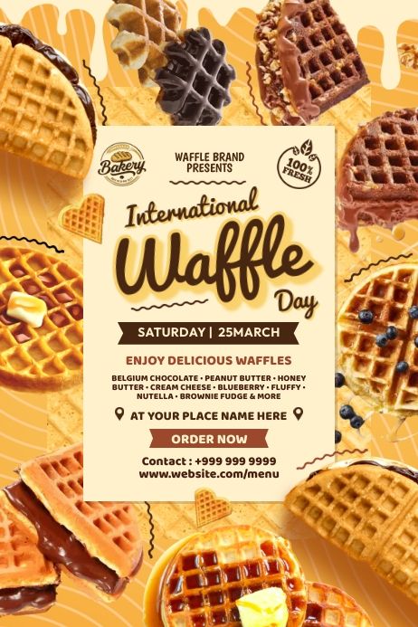 International Waffle Day Poster Template Waffle Poster Design, Waffle Menu Design, Waffles Pictures, Waffle Poster, Waffles Aesthetic, National Waffle Day, Cover Page For Project, Waffle Day, Belgium Chocolate