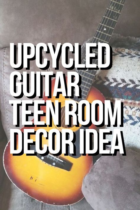 This teen bedroom decor idea is perfect for kids who love music. Learn how to make this creative upcycled guitar and have fun doing it, this also makes for a great gift idea! #diy #guitar #art Upcycle Guitar Ideas, Guitar Pick Art Diy, Guitar Art Diy, Guitar Art Project, Guitar Crafts, Guitar Bedroom, Mother Daughter Projects, Boys Bedroom Makeover, Guitar Room