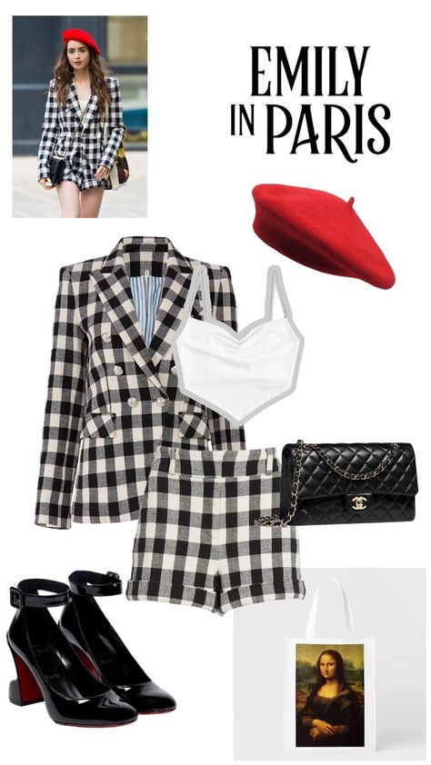 Emily in Paris outfit 
Checker suite , jacket and shorts , louboutin , Chanel black bag , bag Mona Lisa,  white top, red beret Emily In Paris Outfits Inspiration, Emily In Paris Inspired Outfits, Emily Outfits, Emily En Paris, Emily In Paris Fashion, Emily Em Paris, French Outfits, Emily In Paris Outfits, Jacket And Shorts