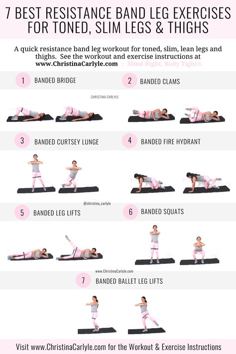 Resistance Band Exercises for Legs and thighs that make up a Complete leg workout for tight, toned legs and thighs #fitness #workout https://www.christinacarlyle.com/resistance-band-exercises-for-legs/ Band Leg Exercises, Christina Carlyle, Leg Workout With Bands, Holistic Fitness, Best Resistance Bands, Band Exercises, Tone Thighs, Leg Exercises, Tone Legs