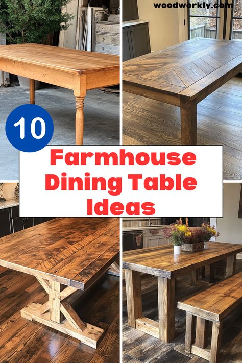 Looking to add charm to your dining room? Discover stunning farmhouse dining table designs that blend rustic and modern styles. Click for inspiration! #FarmhouseTable #DiningRoomDecor #DIYProjects #HomeImprovement #Woodworking Build Kitchen Table, Farmhouse Rectangle Dining Table, Diy Dining Room Table Makeover Farmhouse Style, Rustic Farmhouse Dining Room Table, Butcher Block Farmhouse Table, Modern Farmhouse Dining Room Tables, Making Dining Table, Handmade Dining Room Table, Build Dining Room Table