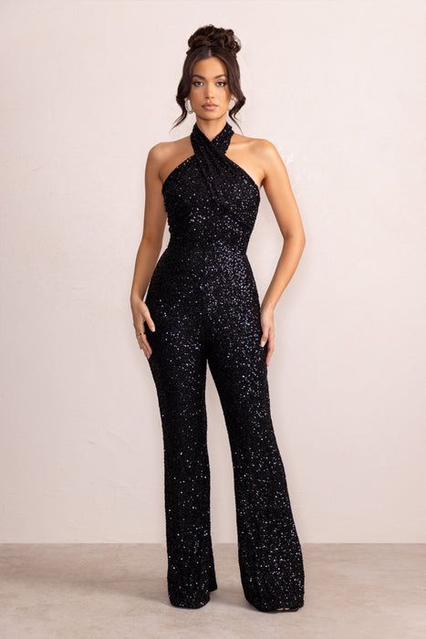 Classy Birthday Dinner Outfit, Classy Birthday Dinner, Halter Jumpsuit Outfit, Birthday Dinner Outfit Ideas, Trending Jumpsuits, Sequin Babydoll Dress, Fancy Jumpsuit, Classy Birthday, Dinner Outfit Ideas