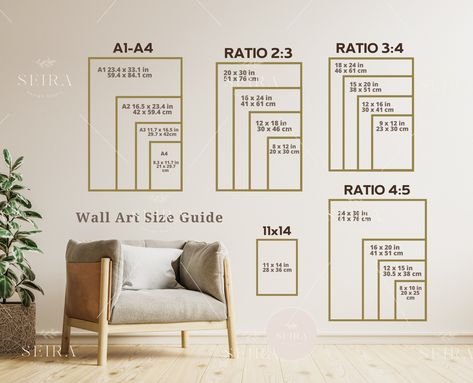 Wall Art Size Guide, Frame Size Guide, Print Size Guide, Comparison Chart, Poster Size Chart, Wall Display Guide, Boho Wall Art Size Guide Picture Wall Display Ideas, Picture Wall Display, Etsy Pod, Wall Art Size Guide, Art Size Guide, Wall Display Ideas, Trending Wall Art, 2024 Living Room, Minimalist Homes