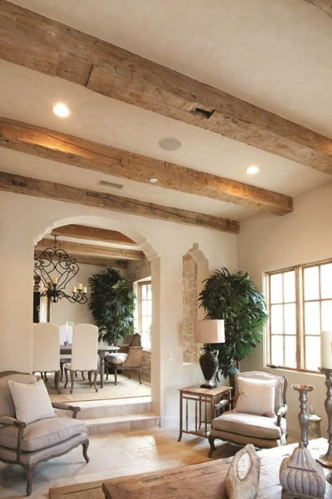 Beams Living Room, Smart Tiles, Wood Mantels, Mediterranean Decor, Spanish Style Homes, Mediterranean Homes, Reclaimed Barn Wood, Wood Beams, Ceiling Beams