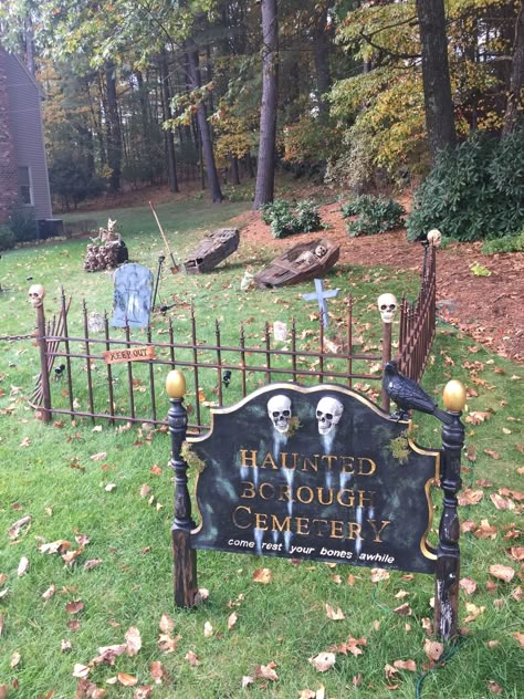 Halloween Sign The Haunted Borough Diy Halloween Headboard Sign, Headboard Cemetery Sign, Headboard Halloween Sign, Graveyard Halloween Yard, Diy Halloween Entrance, Halloween Cemetery Ideas, Diy Halloween Graveyard, Marlborough Massachusetts, Headboard Sign