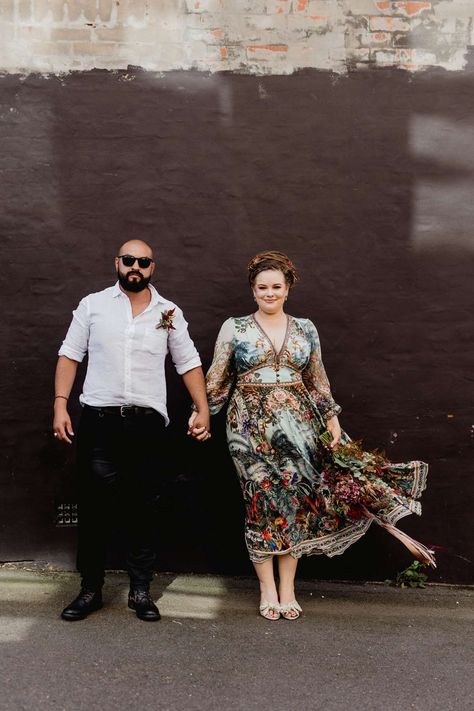 Casual Cocktail Bar Micro Wedding · Rock n Roll Bride Unconventional Wedding Dress Plus Size, Casual Elopement Outfit, Hipster Wedding Dress, Rock And Roll Bride, Quirky Wedding Dress, Elopement Outfit, Tattooed Bride, Casual Bride, Flower Crown Bridesmaid