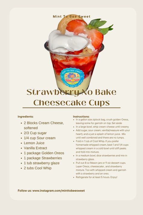 Indulge in a simple and delicious DIY strawberry no-bake cheesecake cup recipe! Perfect for a quick dessert or summer treat, these easy-to-make cheesecake cups are layered with golden Oreos and topped with fresh strawberries. No baking required, just chill and enjoy! Ideal for parties, gatherings, or a sweet snack. Get the recipe now and make these creamy delights today! Strawberry Cheesecake In A Cup, Strawberry No Bake Cheesecake, Easy No Bake Strawberry Cheesecake, No Bake Cheesecake Cups, Simple Dessert Recipes, Cheesecake Cups, Quick Treats, Quick Dessert, How To Make Cheesecake