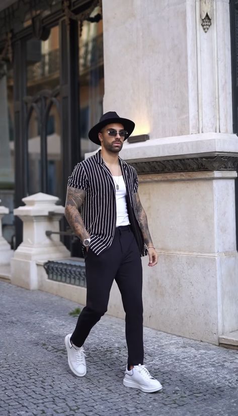 Concert Attire Men, Fedora Hat Men Outfits Winter, Mens Fedora Hat Outfit Suit, Fedora Aesthetic Men, Luxury Casual Black Fedora, Men’s Fedora Hat Outfit, Green Pants Men, Steampunk Men Clothing, Men's Summer Outfit