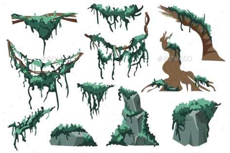 Moss and Lichens Set Swamp Trees Drawing, Animation Help, Swamp Green, Concept Art Tutorial, Elements Design, Vector Elements, Garden Drawing, Creatures Art, Tree Trunks