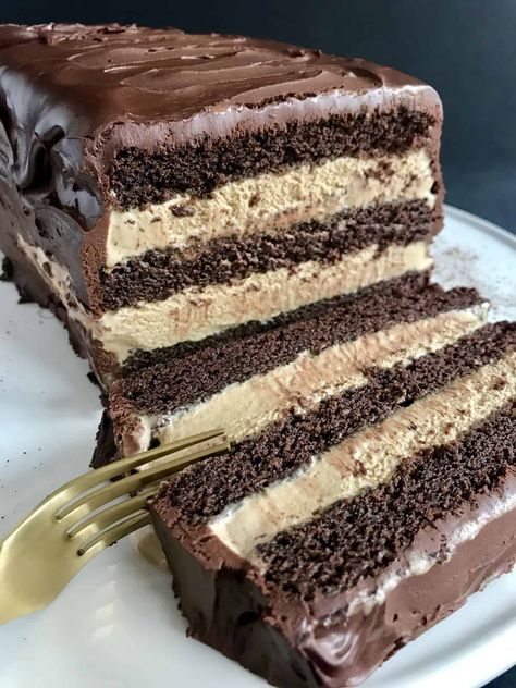 Mocha Ice Cream, Creamy Chocolate Cheesecake, Cream Cake Recipe, Chocolate Peanut Butter Cake, Ice Cream Cake Recipe, Turtle Cake, Peanut Butter Cake, Dark Chocolate Cakes, Coffee Ice Cream