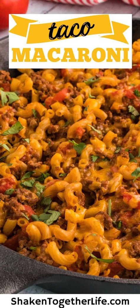 Taco Mac is an easy, one-pan dinner the whole family will love. With a few simple ingredients like ground beef, taco seasoning, cheddar cheese, and just 30 minutes of cook time, this easy recipe is destined to be one of your family favorites! Taco Mac N Cheese, Taco Macaroni, Hamburger Macaroni, Mexican Mac And Cheese, Baked Hamburgers, Taco Recipes Ground Beef, Creamy Sausage Pasta, Beef Taco Seasoning, Taco Mac