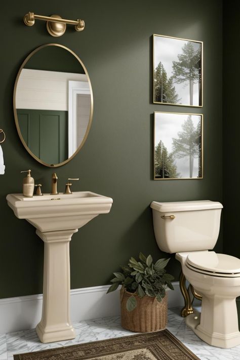 Wallpaper In Restrooms, Toilet Design Wallpaper, Small Bathroom Ideas Dark Green, Dark Green Gold Bathroom, Brown And Green Bathroom Ideas, Green And Bronze Bathroom, Brown Paint Bathroom, Dark Green Powder Room Ideas, Small Dark Green Bathroom